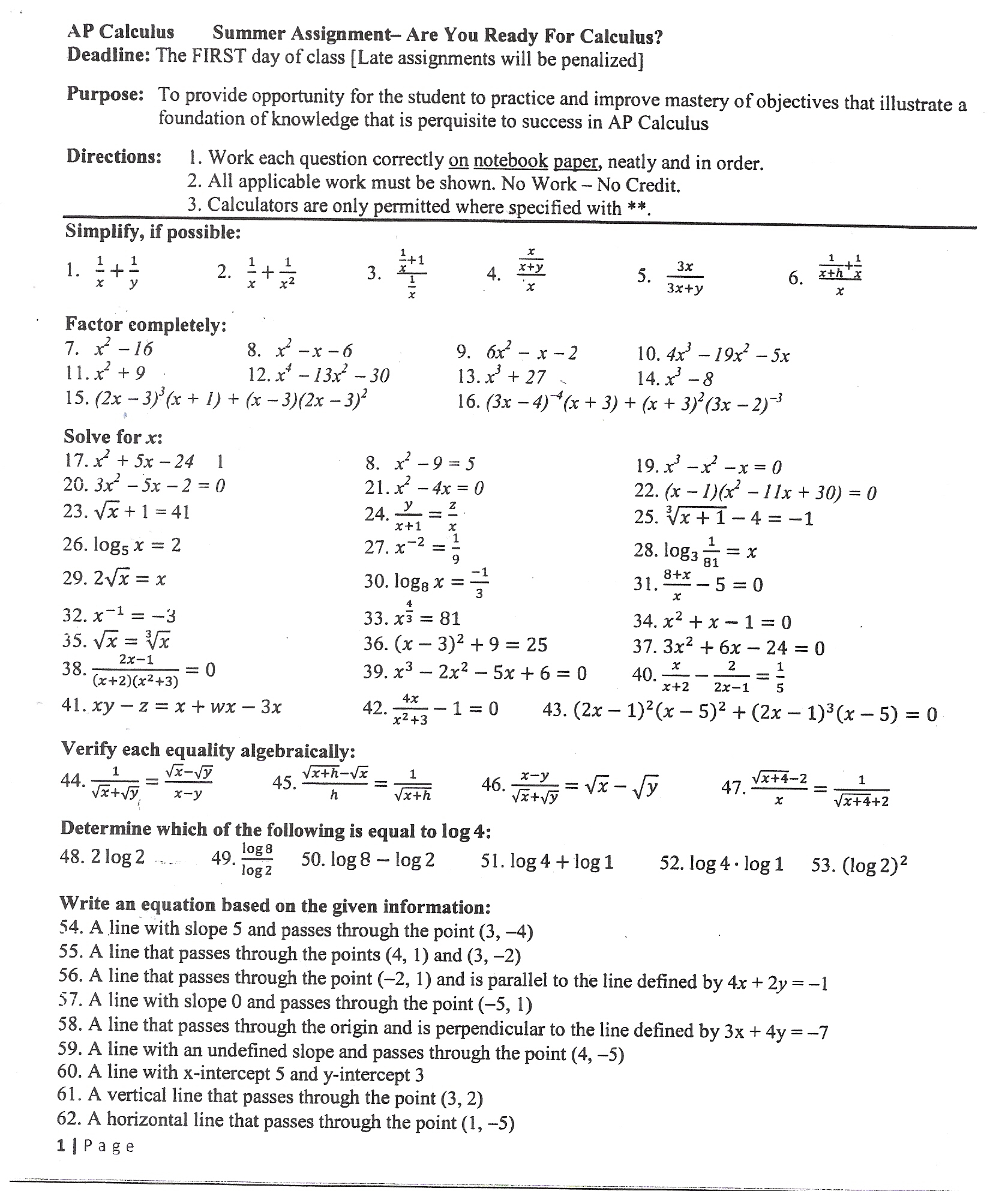 Calculus 1 homework problems